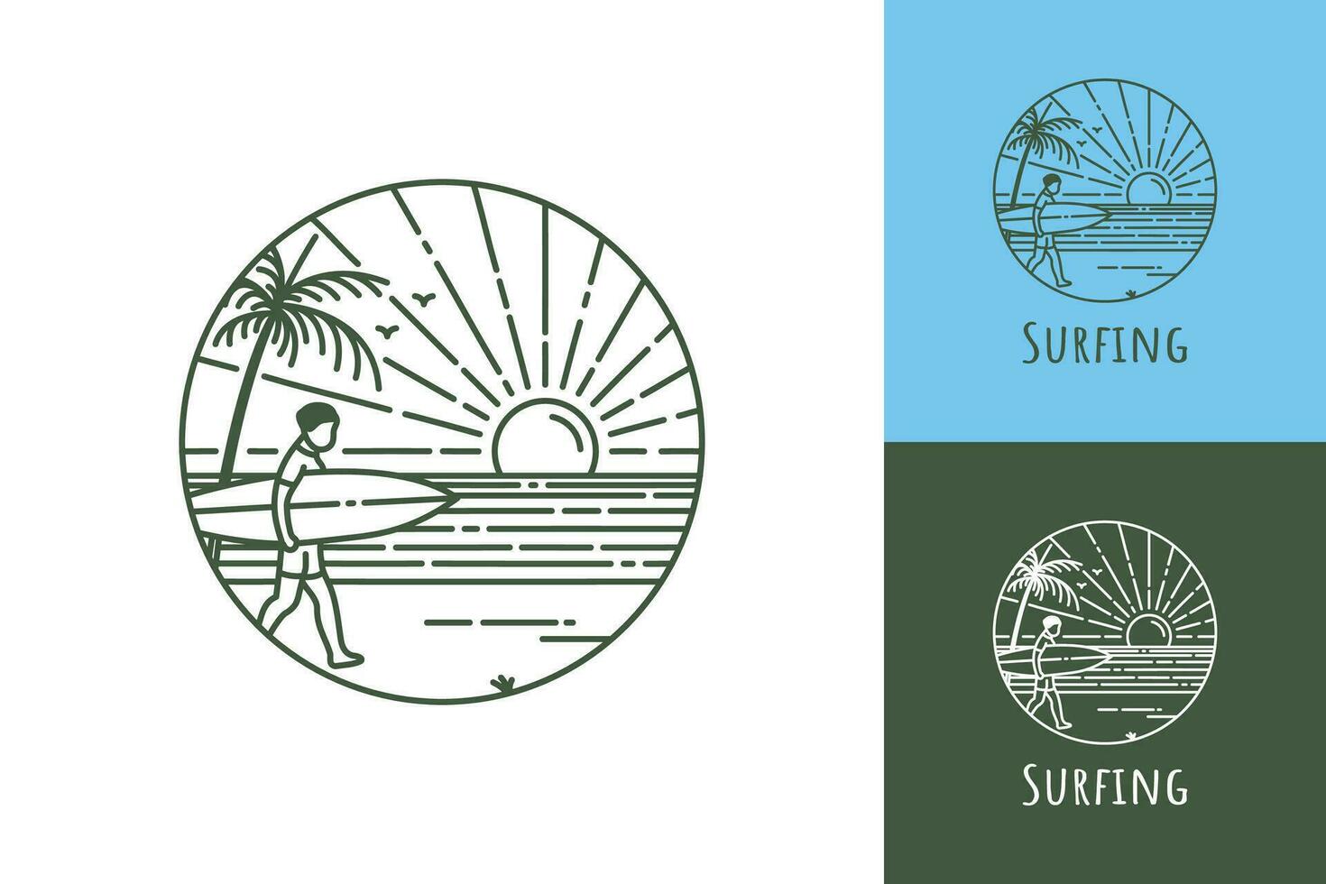 Surfen Logo auf tropisch Strand Mann Tragen Surfbrett beim Sonnenuntergang Linie Kunst Design Konzept Vektor Illustration