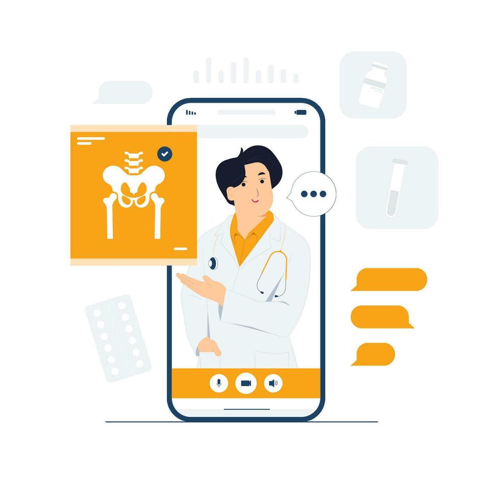 Arzt online Gesundheitswesen Medizin und medizinisch Beratung. geduldig Beratung mit online Technologie durch Clever Telefon App Konzept Illustration vektor