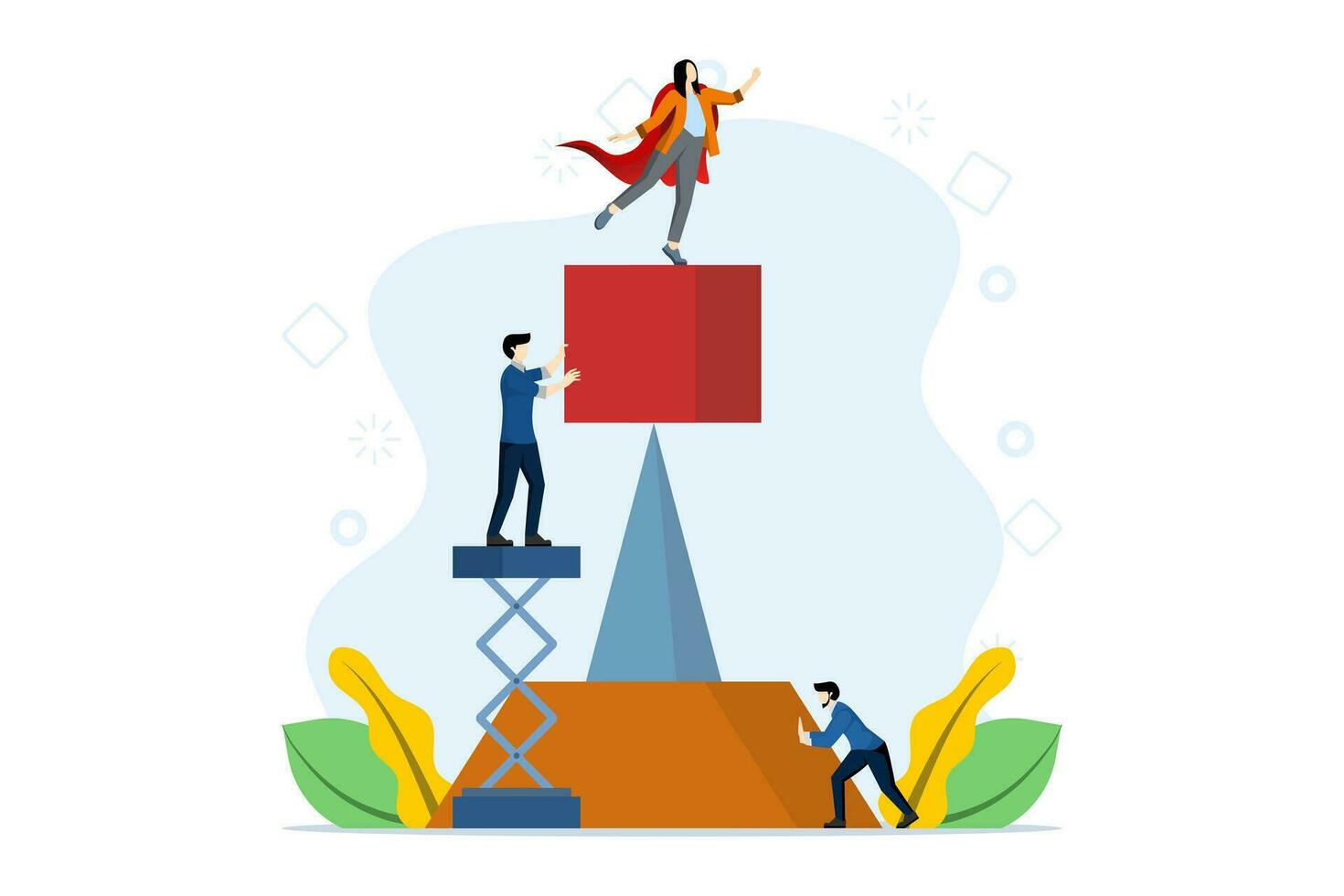 lagarbete begrepp kreativ människor arbetssätt tillsammans till uppnå mål, pyramid byggnad en framgångsrik dröm team, kvinna ledare i röd täcka stående på topp, företag utveckling lagarbete. vektor