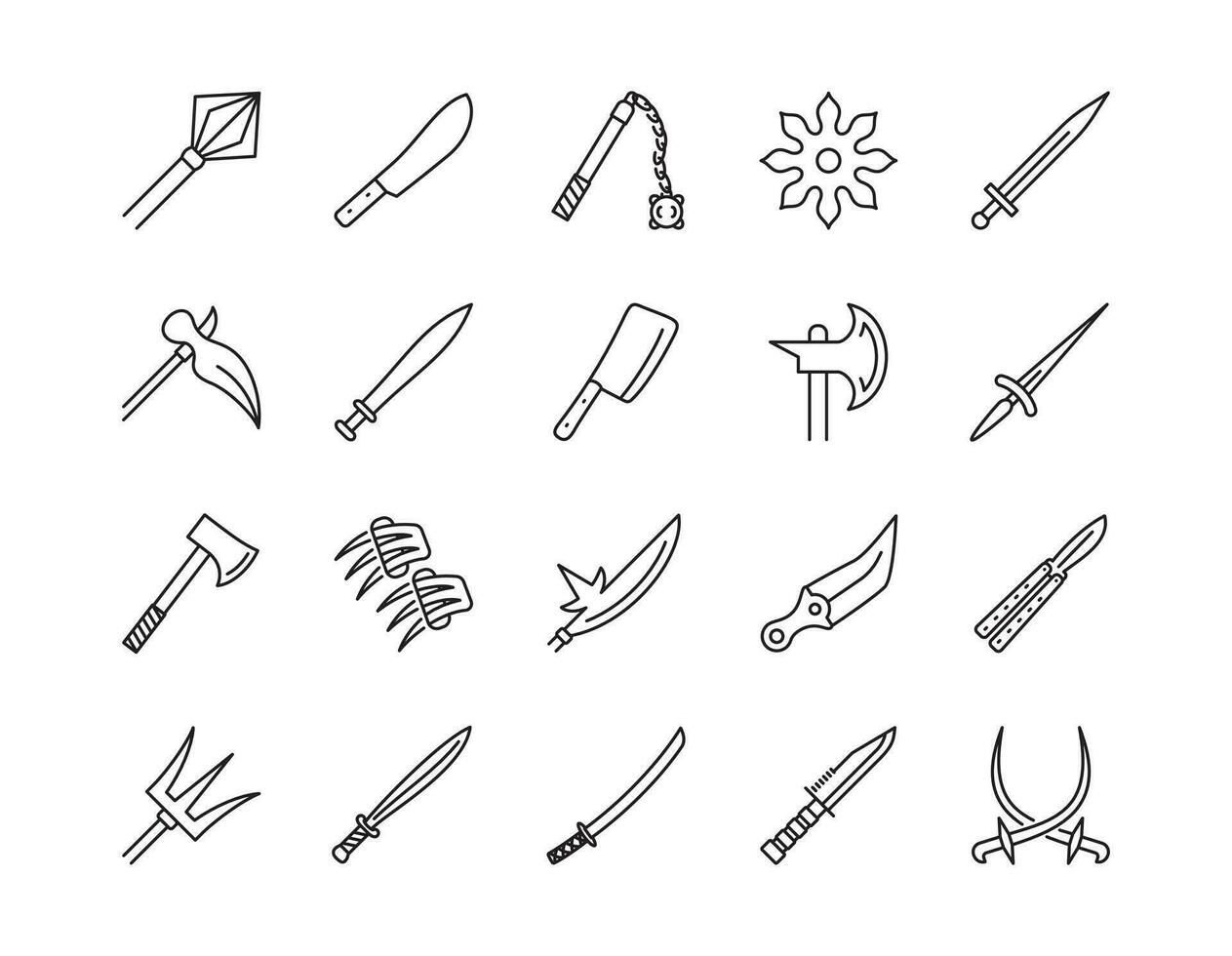 uppsättning av närstrid vapen relaterad linje ikoner. linjär samling symboler av kniv, svärd, yxa. vektor