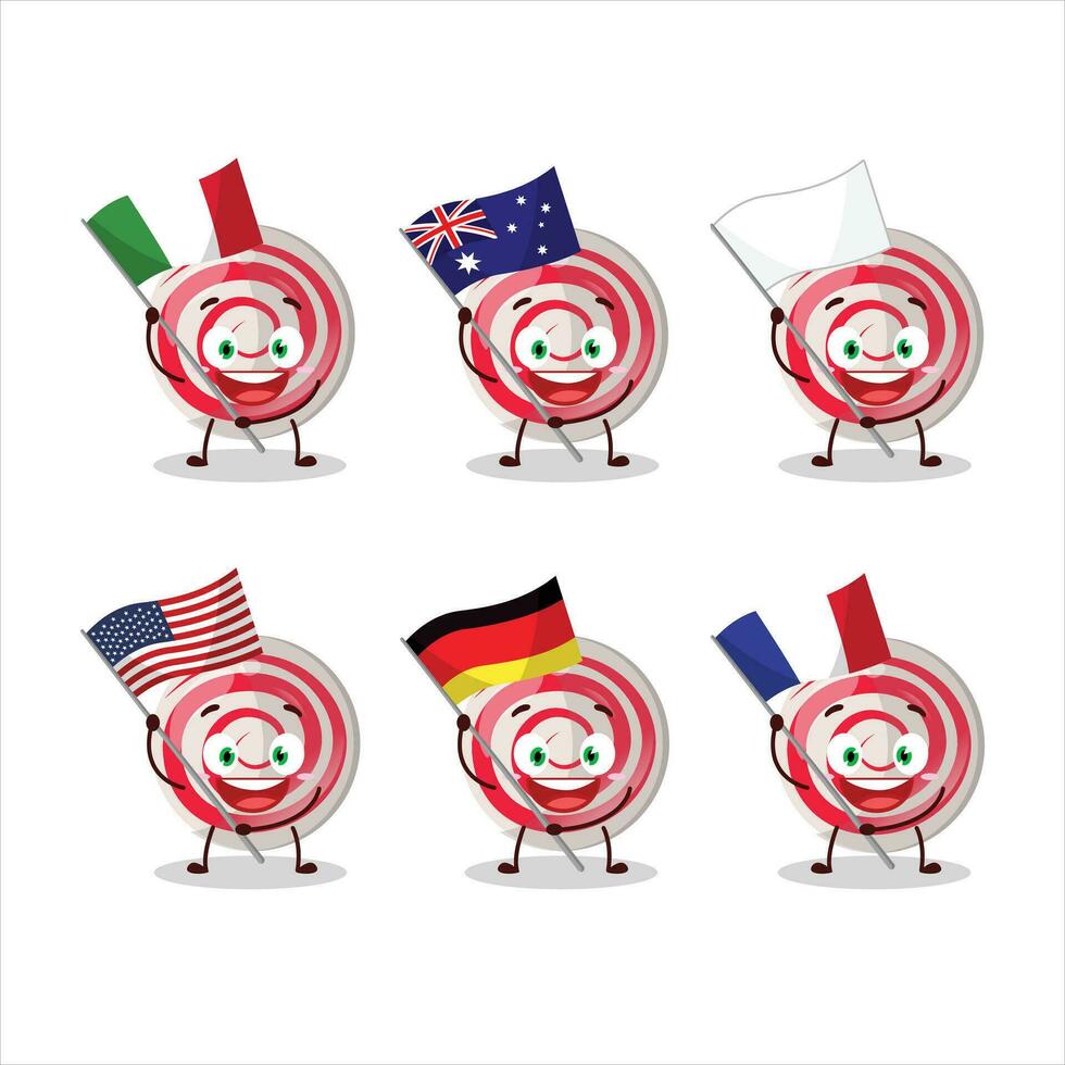 Spiral- Weiß Süßigkeiten Karikatur Charakter bringen das Flaggen von verschiedene Länder vektor