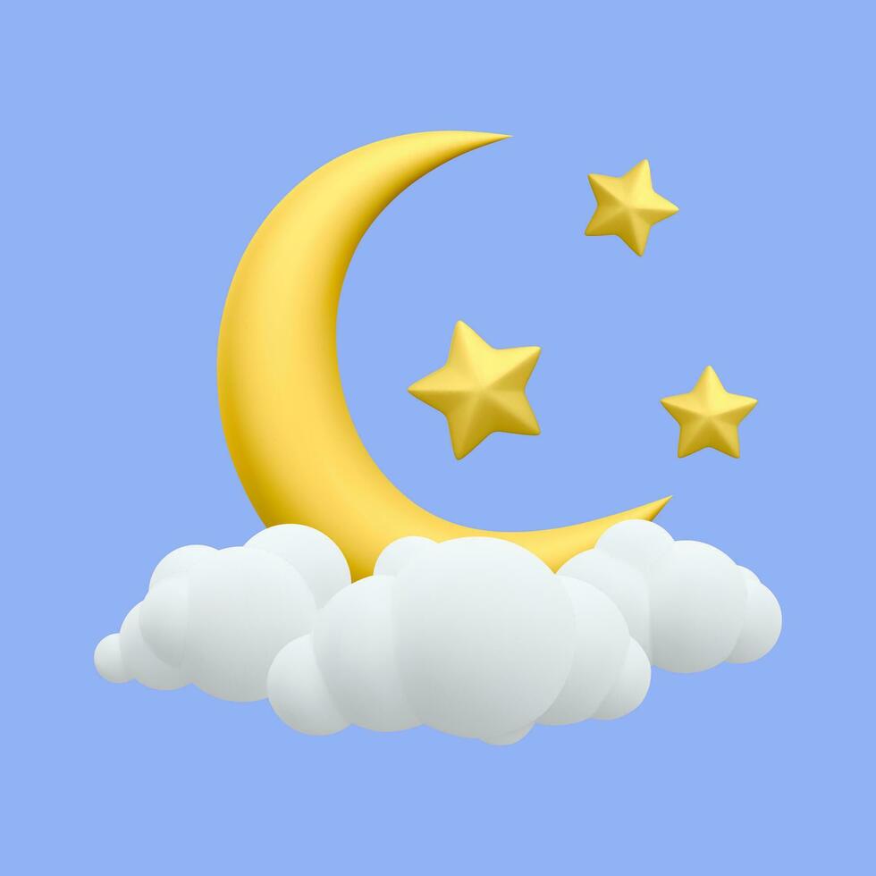 3d realistisk gul halvmåne måne med stjärnor och moln. dröm, vaggvisa, drömmar design bakgrund för baner, broschyr, häfte, affisch eller hemsida. vektor illustration