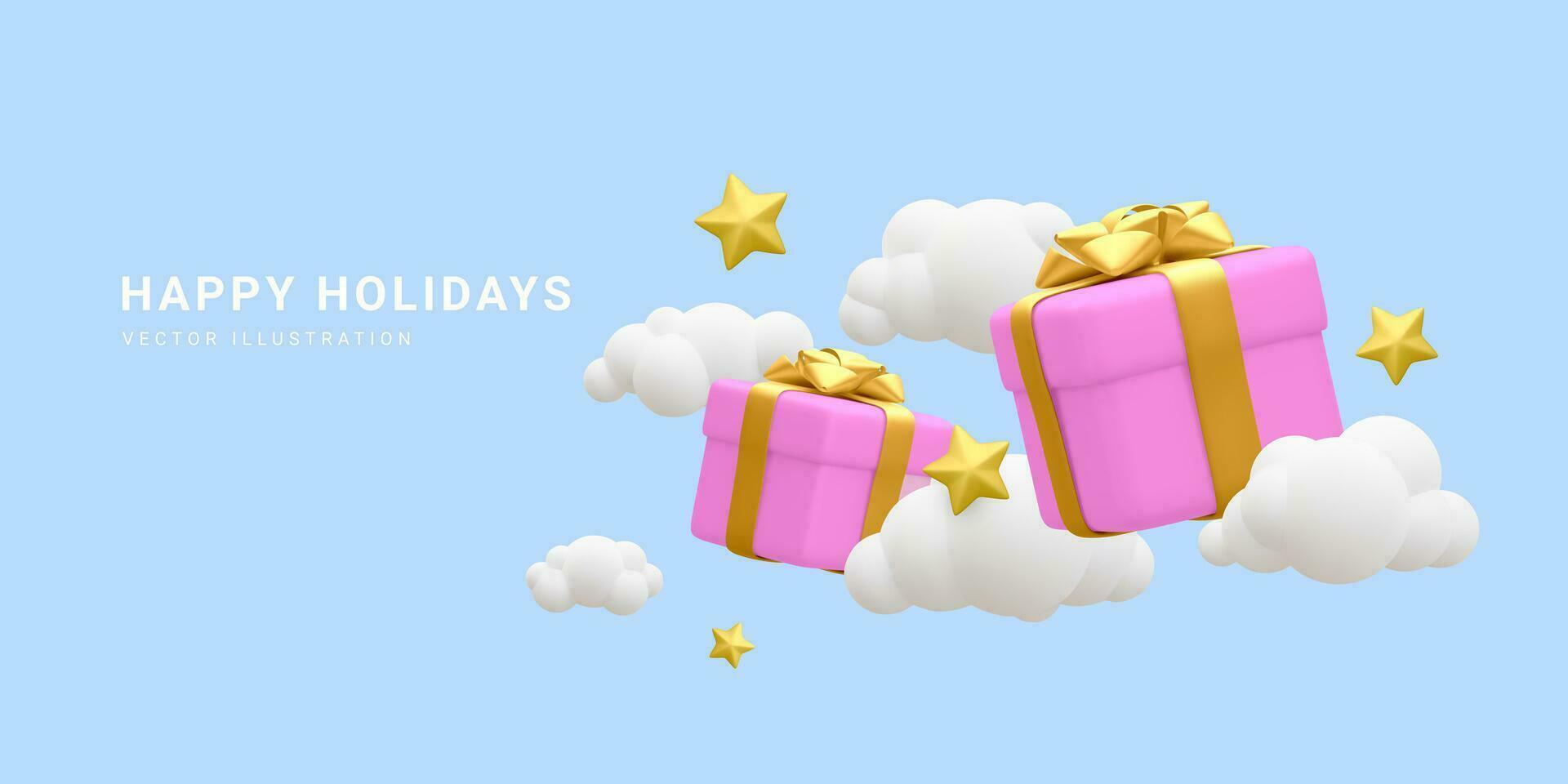3d realistisch Geschenk Box um Wolken und Sterne. Banner, Poster, Webseite oder Gruß Karte zum glücklich Ferien Konzept. Vektor Illustration