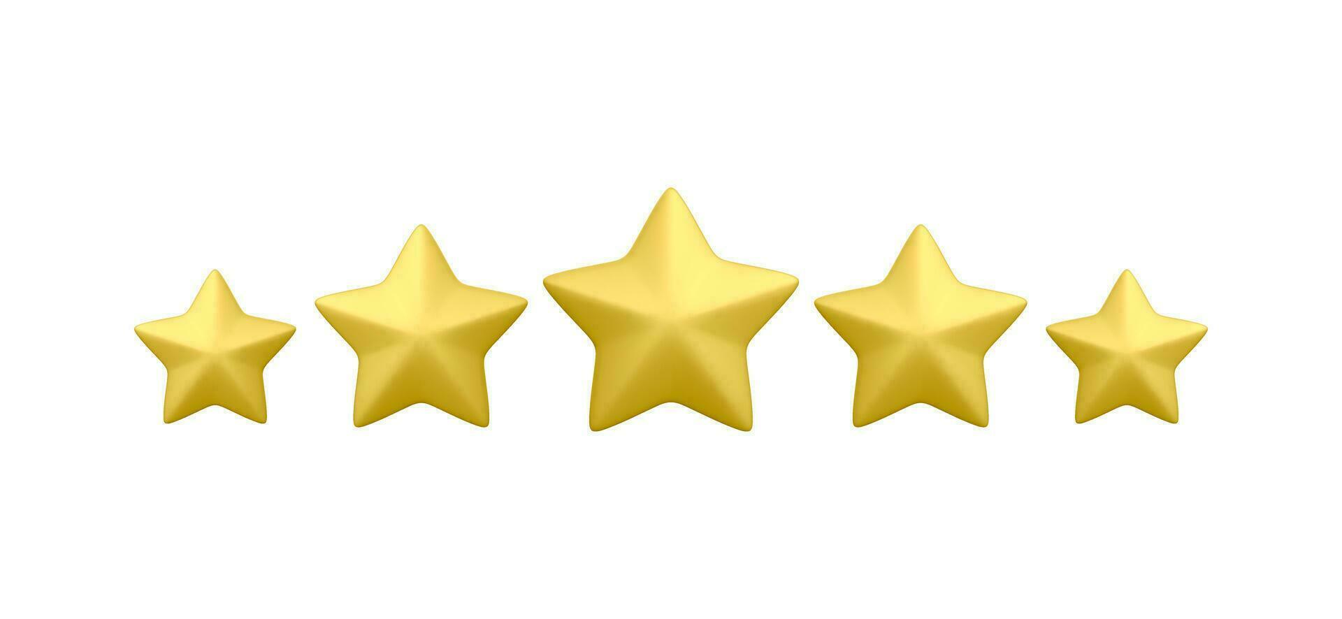 3d realistisch fünf golden Sterne isoliert auf Weiß Hintergrund. Kunde Bewertung Feedback Konzept von das Klient Über Mitarbeiter zum Handy, Mobiltelefon Anwendungen oder Webseiten. Vektor Illustration