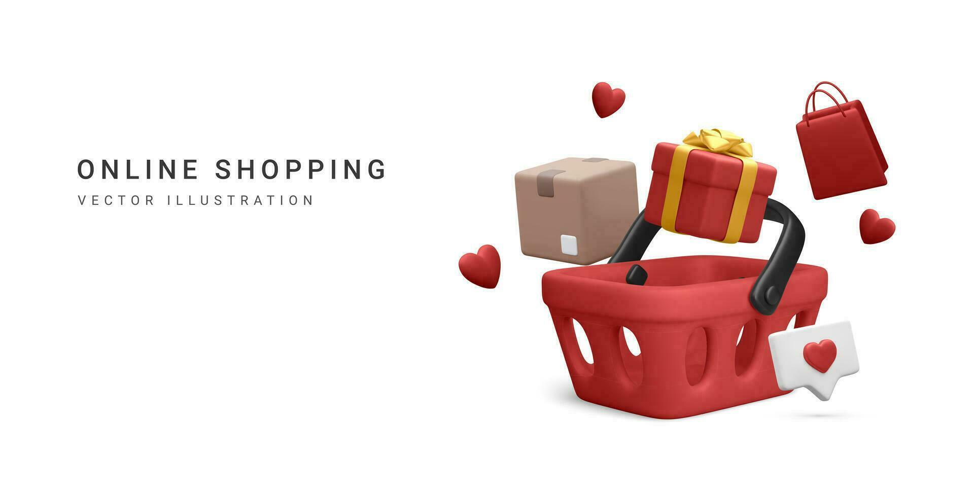 3d realistisch Einkaufen Korb, Geschäft Tasche, Paket und Geschenk Box im Karikatur Stil auf Weiß Hintergrund. Banner oder Netz Seite zum online Einkaufen. Vektor Illustration