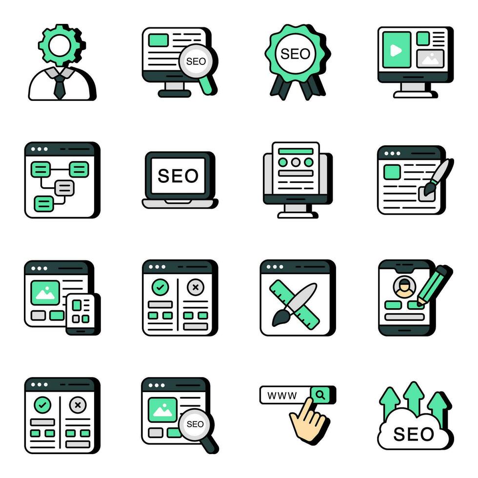 Packung mit SEO- und Web-Flat-Icons vektor