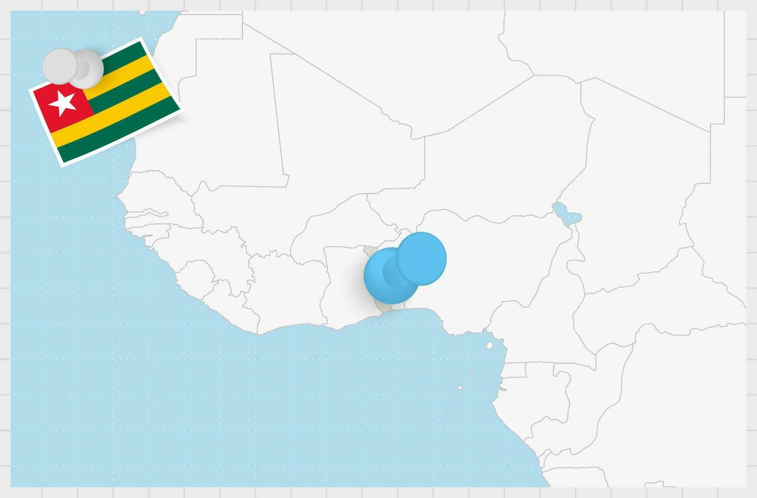 Karta av Togo med en fästs blå stift. fästs flagga av togo. vektor