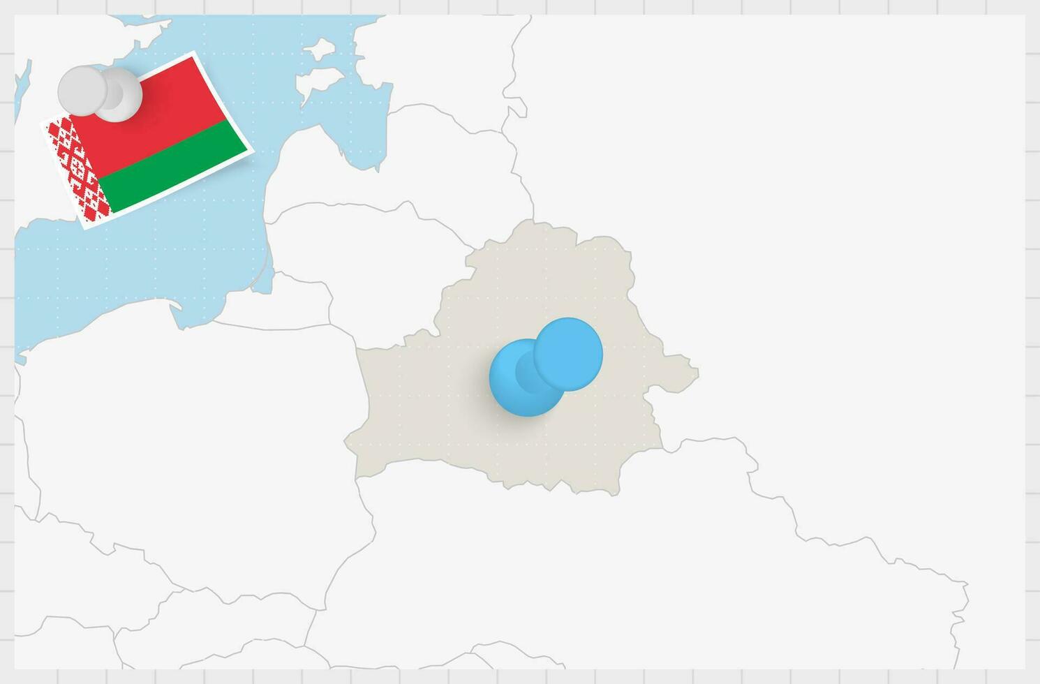 Karta av Vitryssland med en fästs blå stift. fästs flagga av belarus. vektor