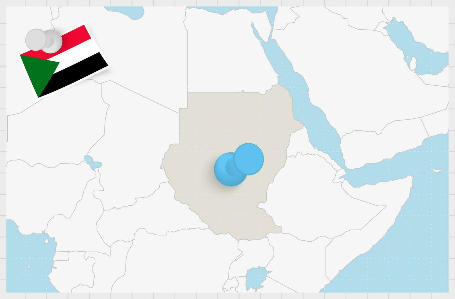 Karta av sudan med en fästs blå stift. fästs flagga av sudan. vektor