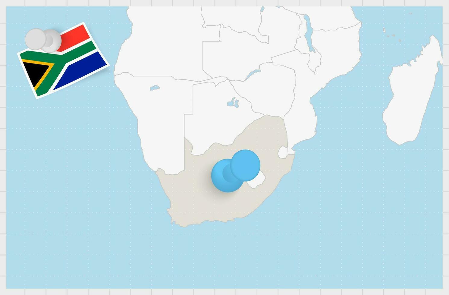 Karta av söder afrika med en fästs blå stift. fästs flagga av söder afrika. vektor