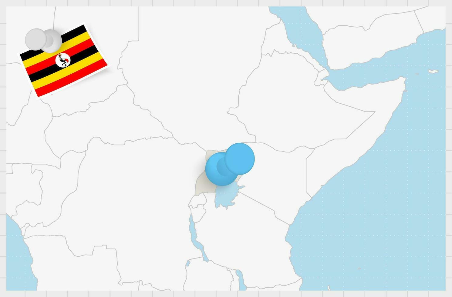 Karta av uganda med en fästs blå stift. fästs flagga av uganda. vektor