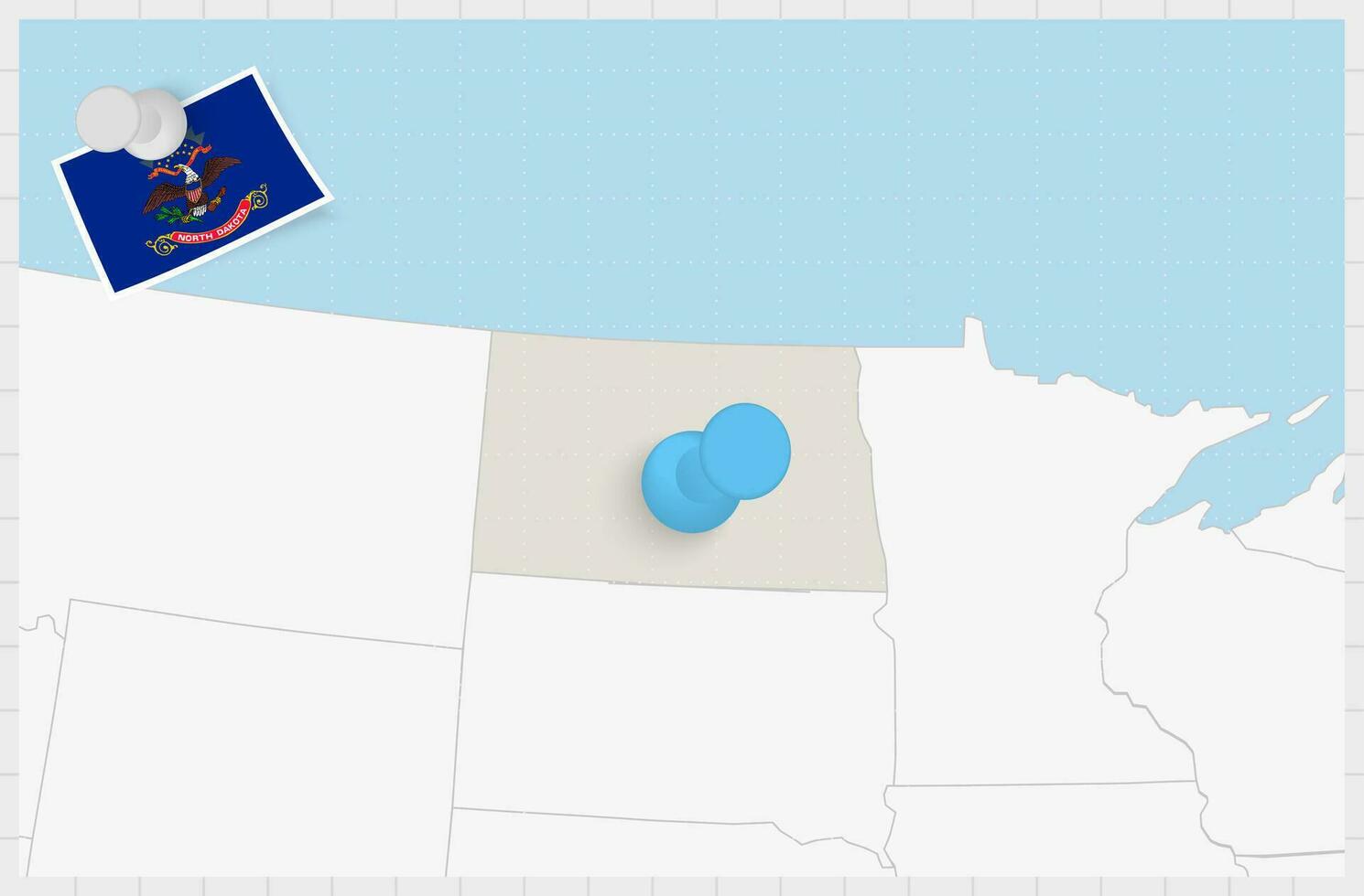 Karta av norr dakota med en fästs blå stift. fästs flagga av norr dakota. vektor
