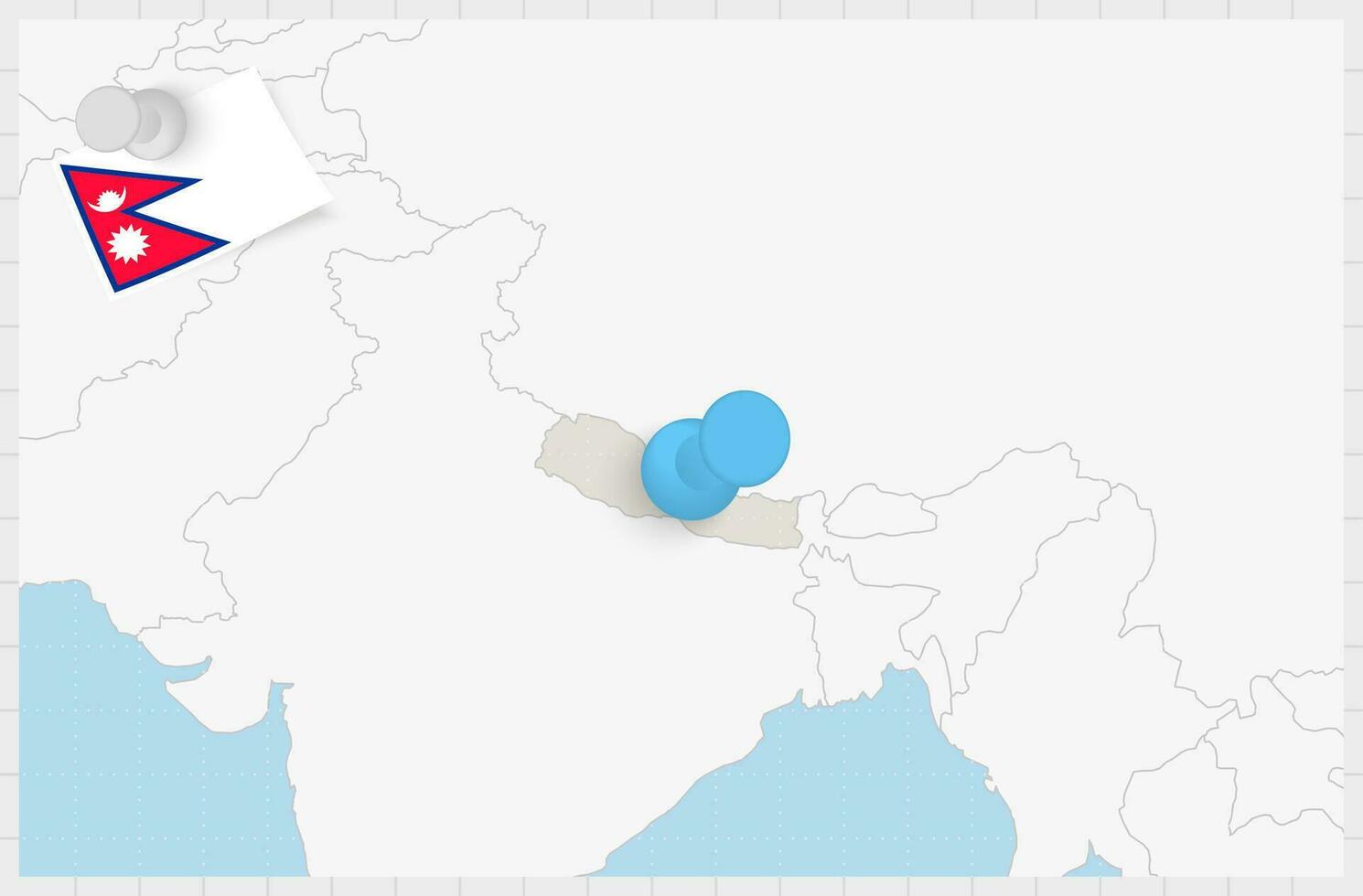 Karta av nepal med en fästs blå stift. fästs flagga av nepal. vektor