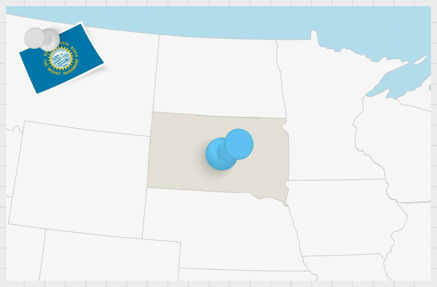 Karta av söder dakota med en fästs blå stift. fästs flagga av söder dakota. vektor
