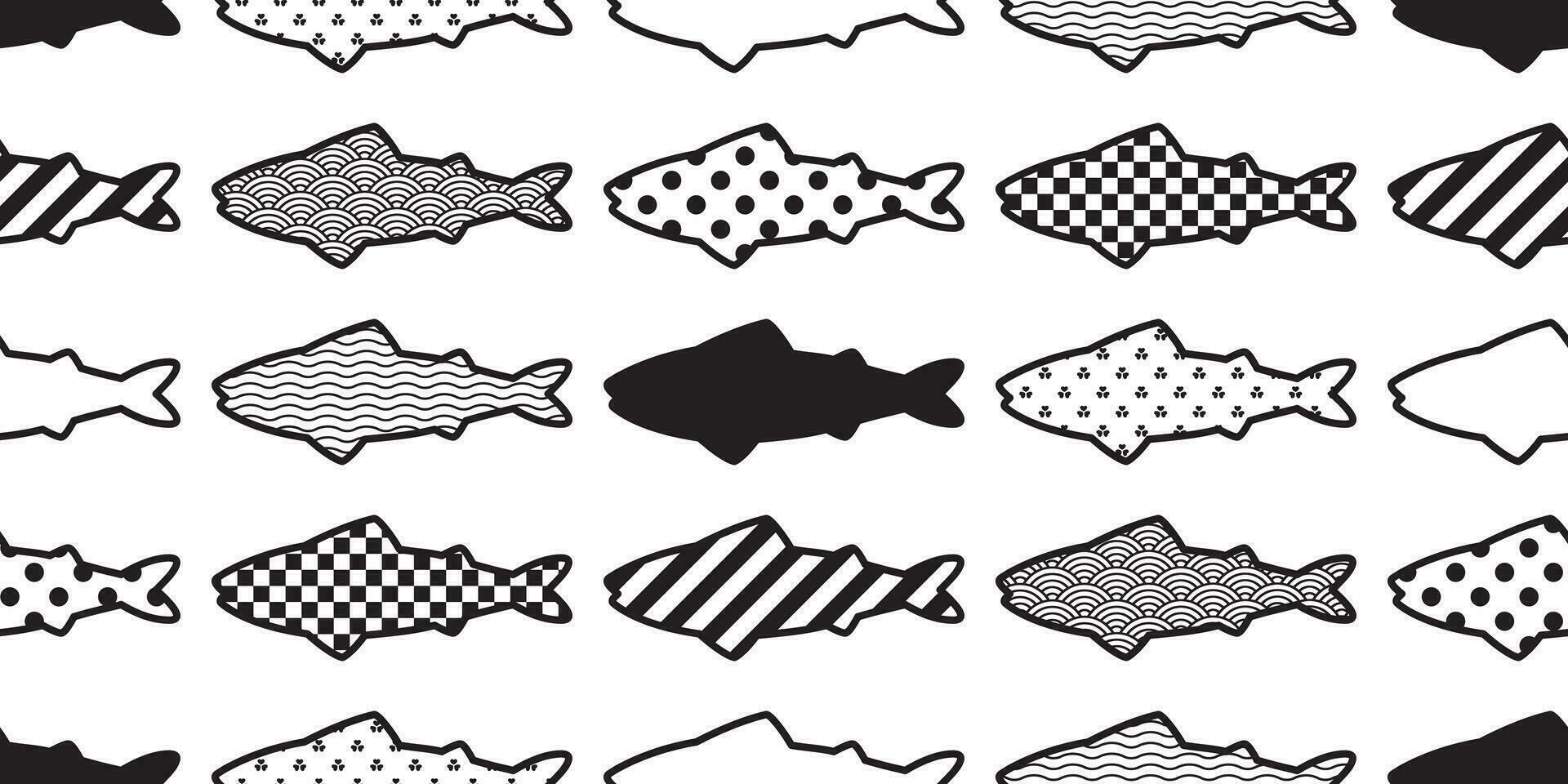 Fisch nahtlos Muster Vektor Lachs Thunfisch Hai Gekritzel Karikatur Streifen überprüft Herz Polka Punkt Valentinstag Delfin Wal Ozean Meer Schal isoliert wiederholen Hintergrund Fliese Hintergrund Illustration Design