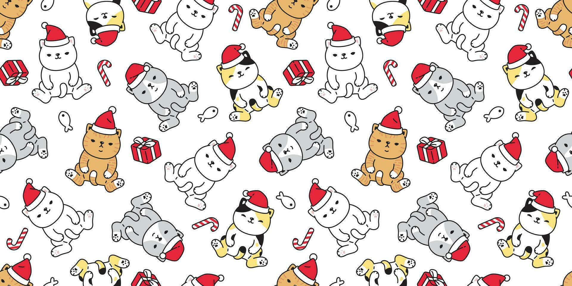 katt sömlös mönster jul vektor santa claus hatt kattunge godis sockerrör gåva låda tecknad serie scarf isolerat upprepa tapet bricka bakgrund illustration klotter design