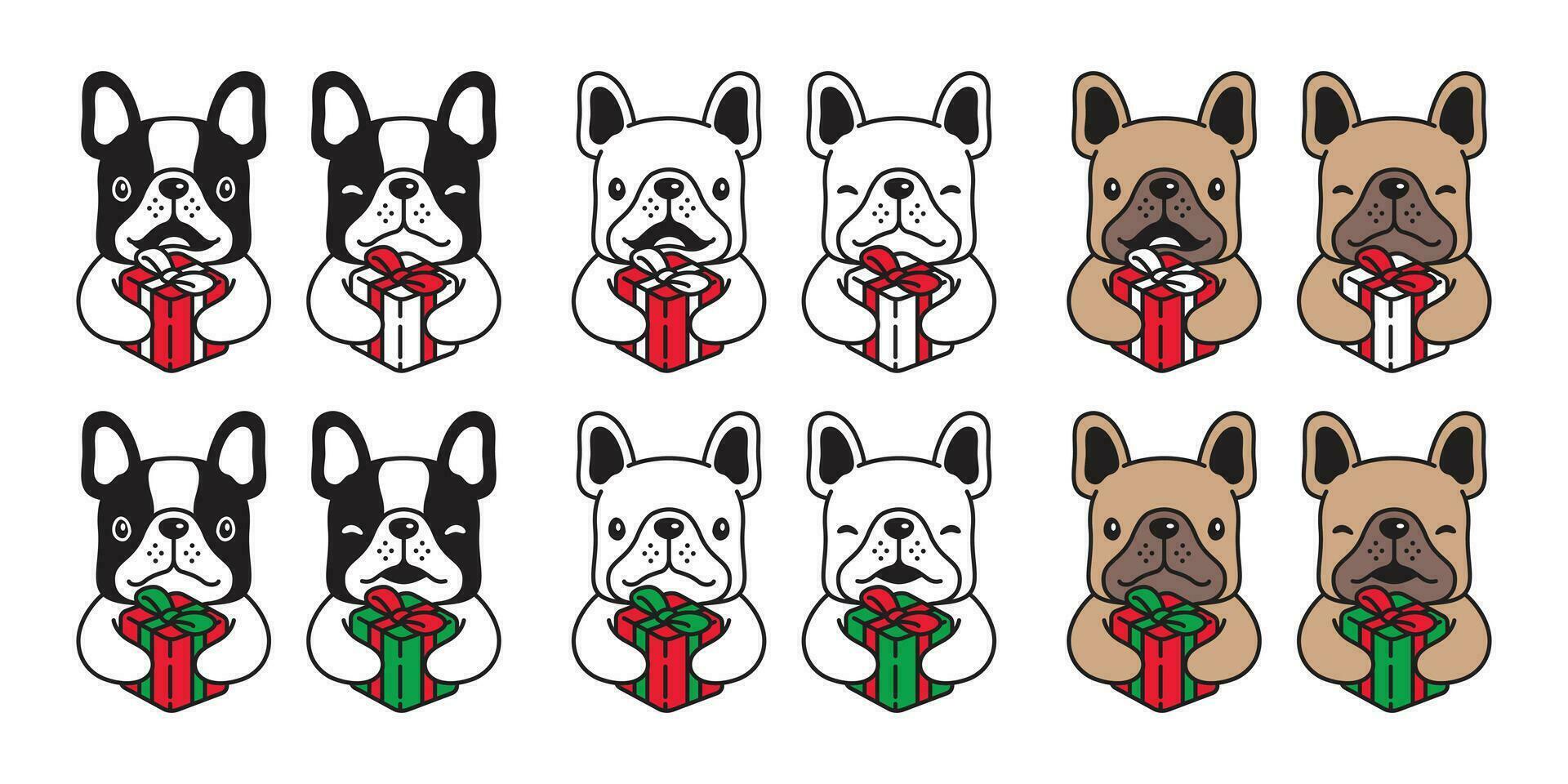 hund vektor franska bulldogg jul gåva låda santa claus sällskapsdjur ikon tecknad serie karaktär symbol ras illustration design