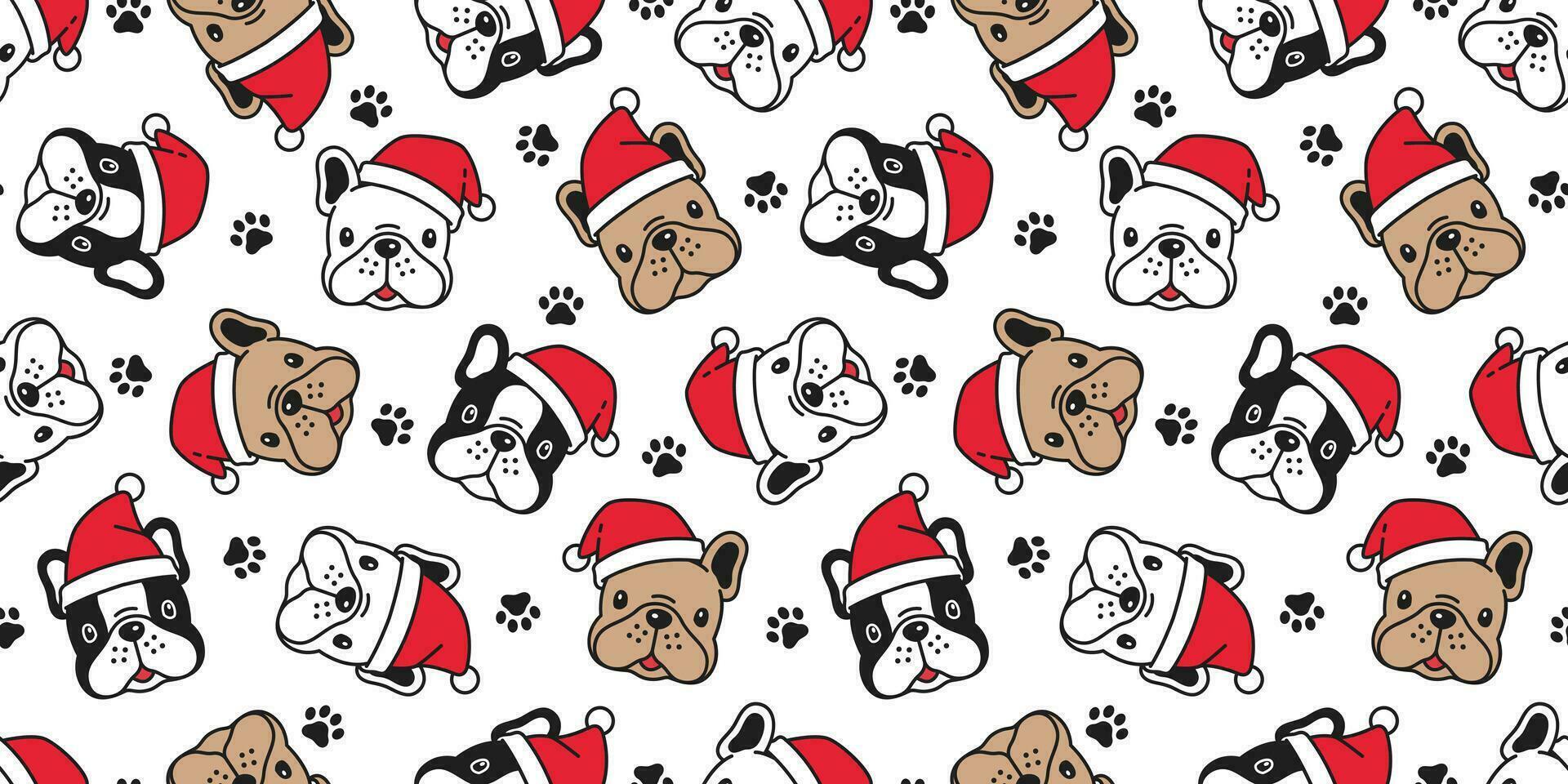 hund sömlös mönster jul vektor franska bulldogg Tass santa claus hatt fotavtryck scarf isolerat tecknad serie upprepa bakgrund bricka tapet illustration design