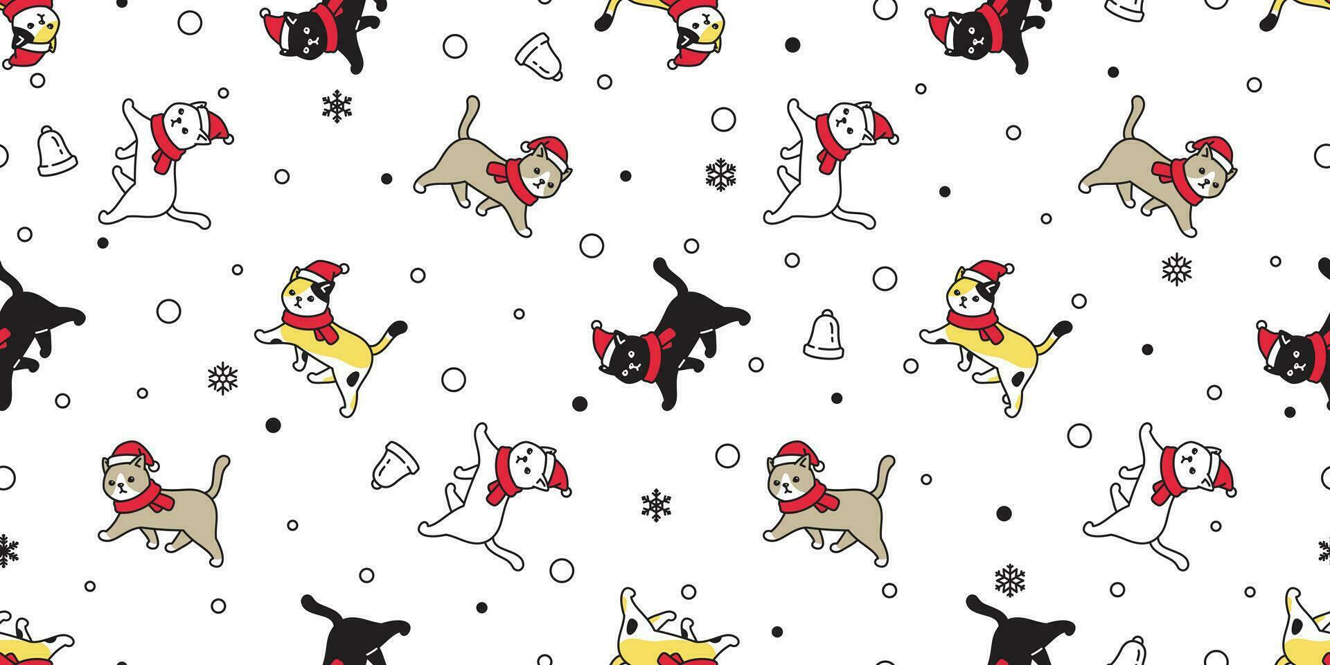 Katze nahtlos Muster Weihnachten Vektor Santa claus Hut Kätzchen Schneeflocke Glocke Karikatur Schal isoliert wiederholen Hintergrund Fliese Hintergrund Illustration Gekritzel Design