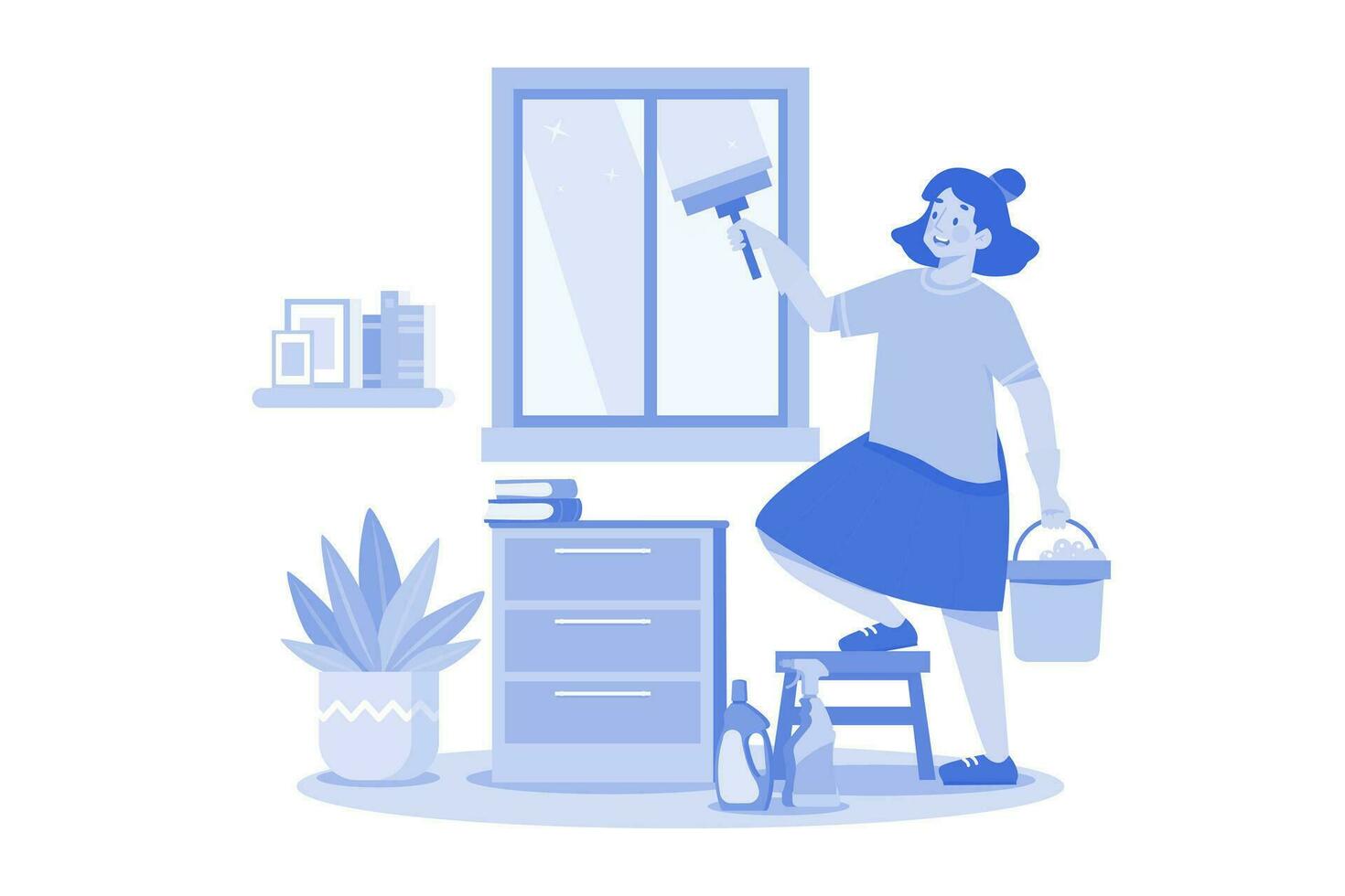 kvinna håller på med fönster rengöring med rengöring Utrustning vektor