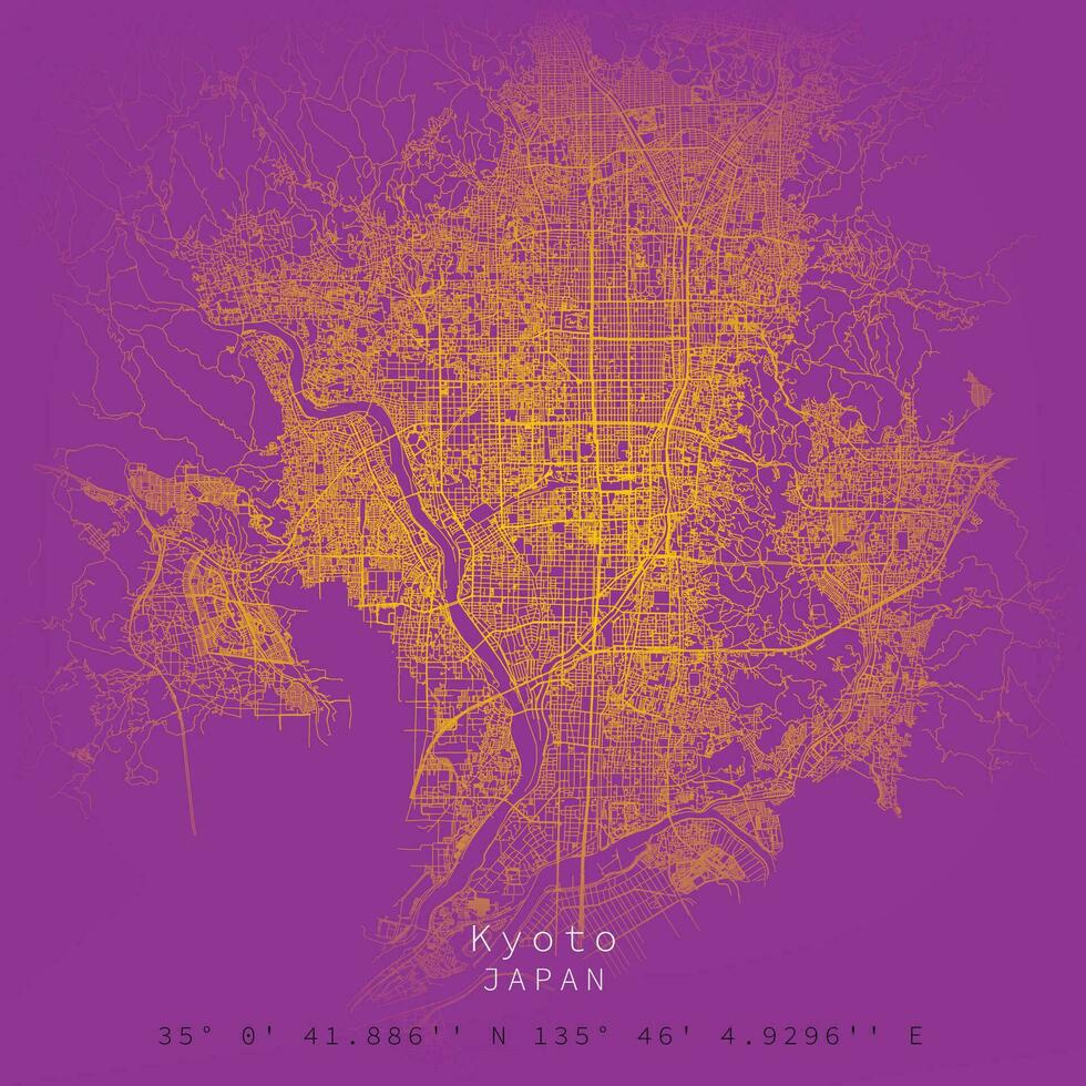 Kyoto Stadt städtisch Straßen Straßen Karte, druckbar Karte von Kyoto Japan mit detailliert Straße , hohe Qualität druckbar Poster Mauer Kunst zum Zuhause oder Büro. vektor