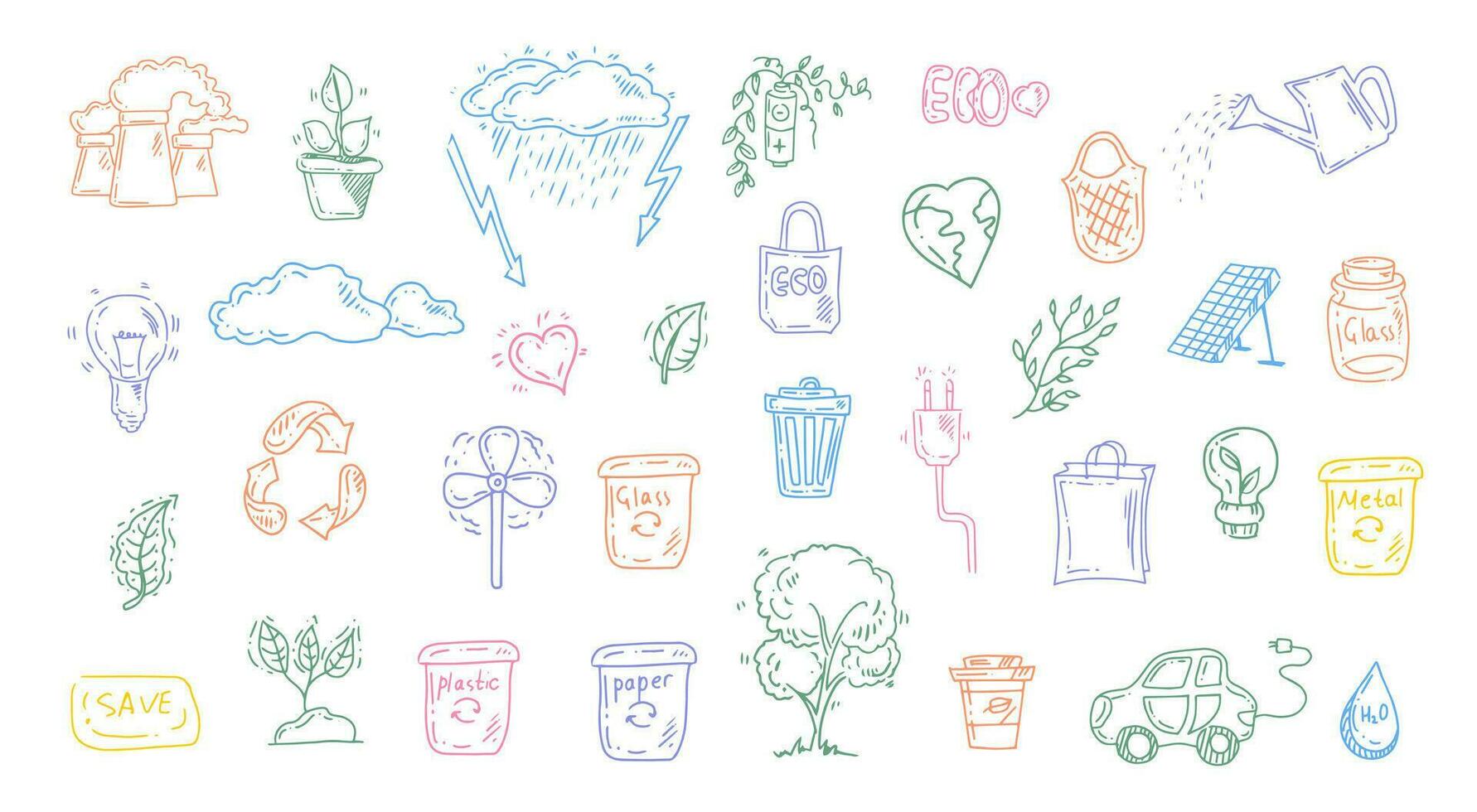 einstellen von Ökologie. Hand gezeichnet Design Vektor Illustration. Ökologie Problem, Recycling und Grün Energie Symbole im Gekritzel Stil.