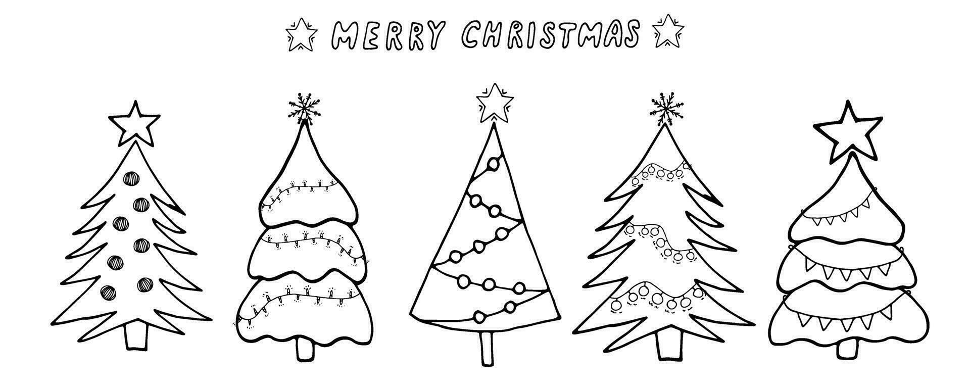 samling av jul träd med girlanger. symbol av vinter- högtider. Lycklig ny år och glad jul. enkel hand dragen klotter form begrepp. för vinter- kort, ny år affischer. vektor