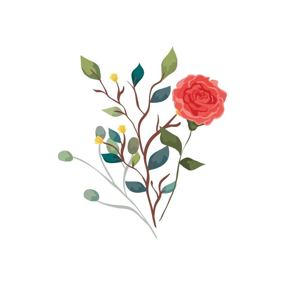 söt ros med grenar och blad isolerad ikon vektor