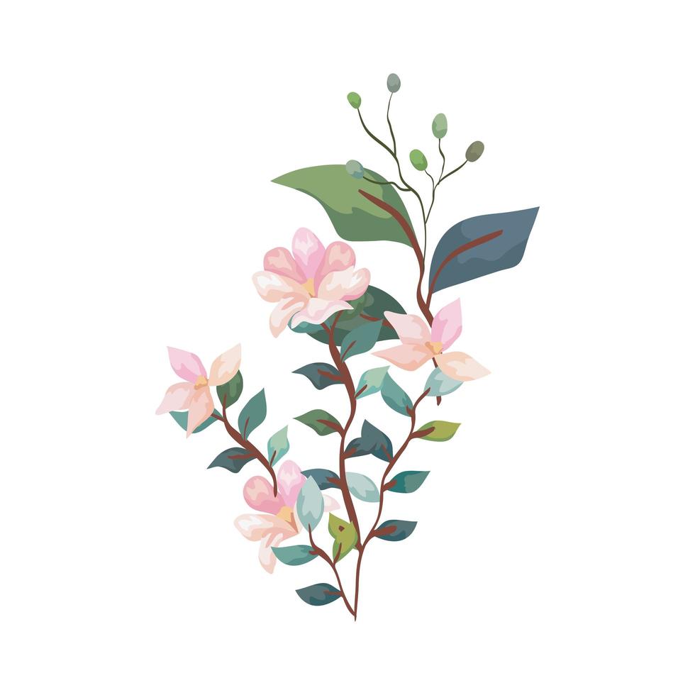 niedliche Blumen mit Zweigen und Blättern isolierte Ikone vektor
