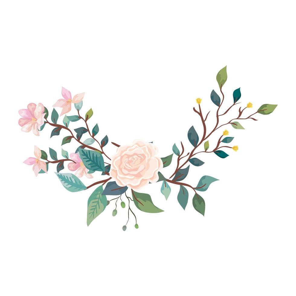 söt ros med blommor och blad isolerad ikon vektor