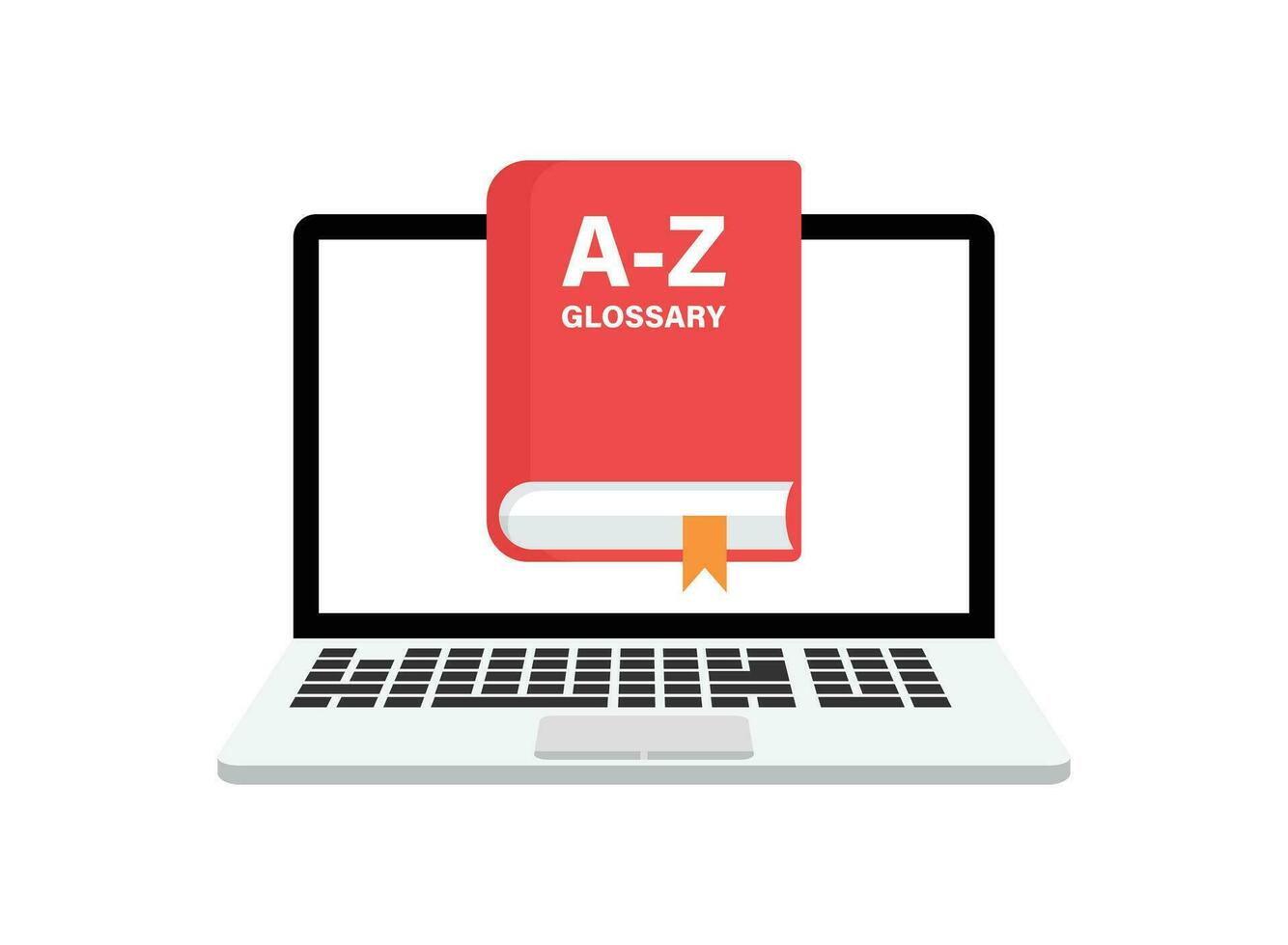 Glossar Buch mit Laptop Symbol im eben Stil. Reiseführer Enzyklopädie Vektor Illustration auf isoliert Hintergrund. az Computer Zeichen Geschäft Konzept.