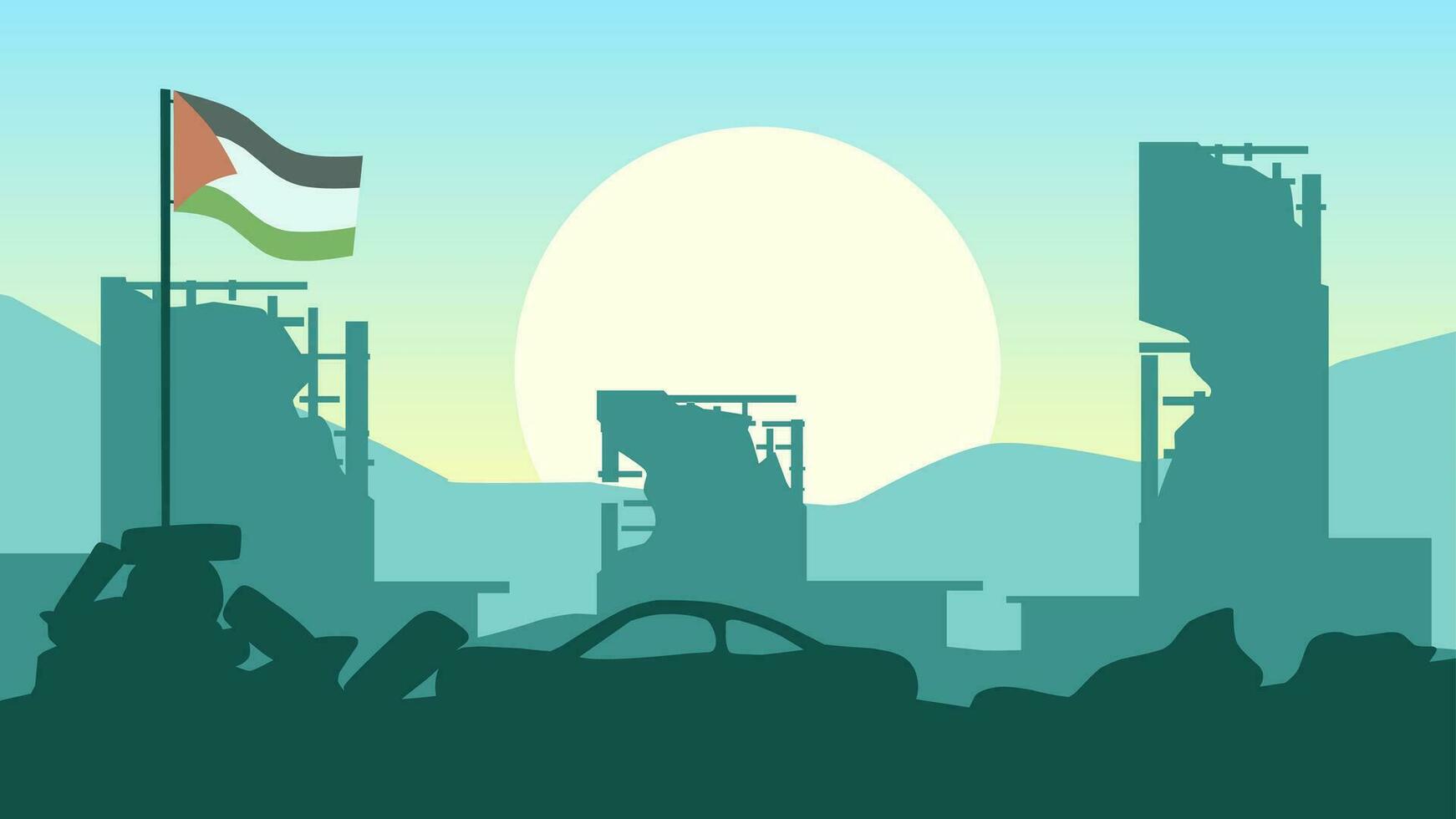 palestina landskap vektor illustration. silhuett av förstörd byggnader på morgon- med palestina flagga. landskap illustration av förstörd stad för bakgrund eller tapet