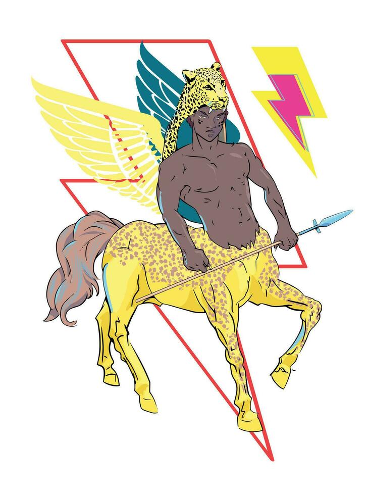 vektor illustration av en bevingad svart centaur med åska och regnbåge symbol. design för t-tröjor handla om Gay stolthet