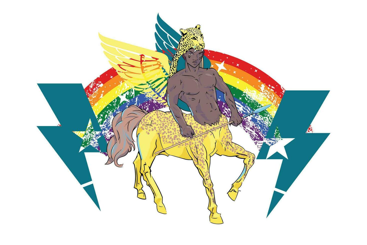 vektor illustration av en bevingad svart centaur med åska och regnbåge symbol. design för t-tröjor handla om Gay stolthet