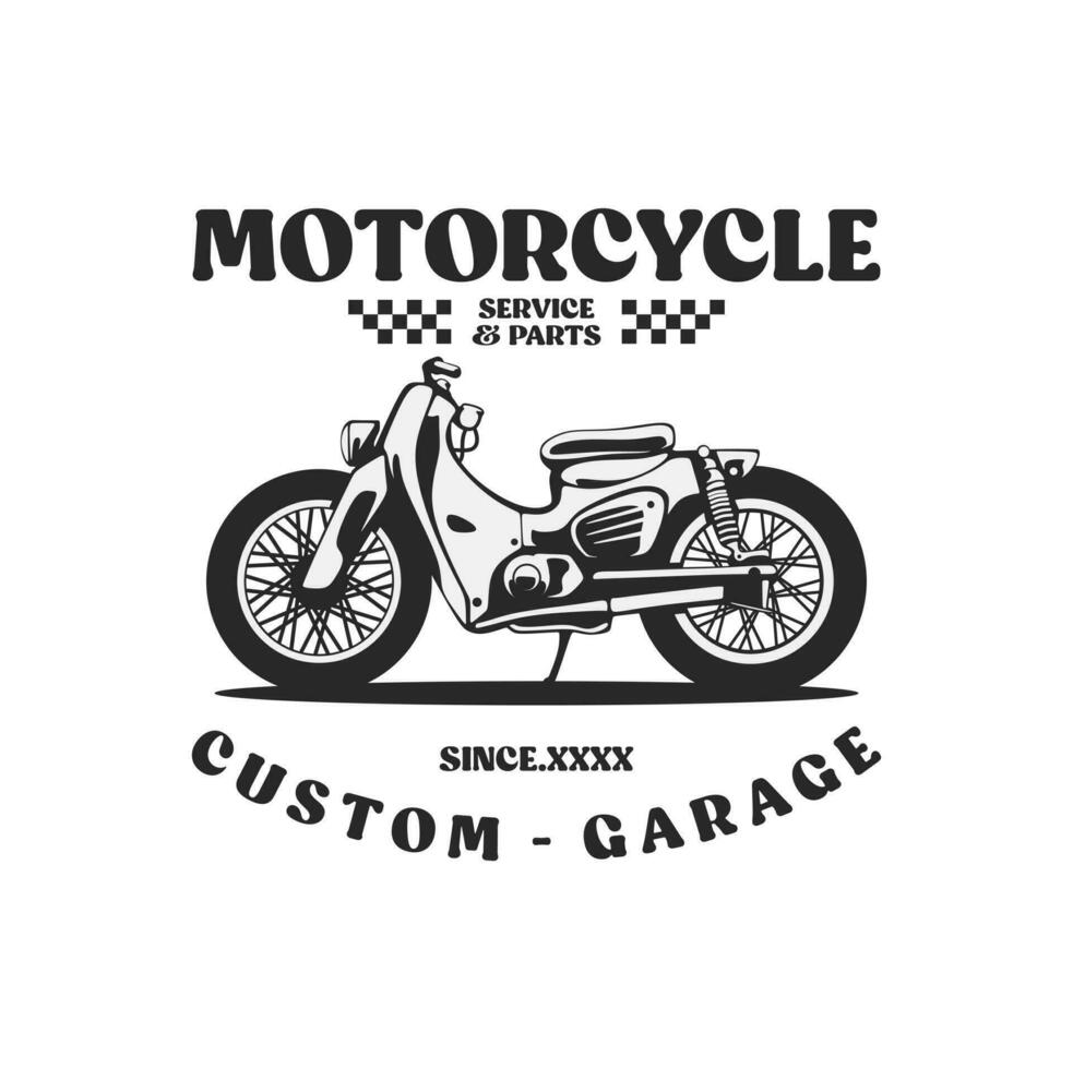 motorcykel beställnings- garage illustration, motorcykel service och delar. årgång beställnings- motorcykel emblem, etiketter, märken, logotyper, grafik, mallar. vektor