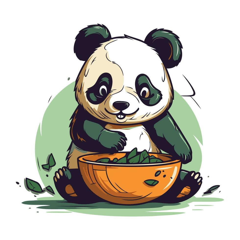 Panda Essen von ein Schüssel. Vektor Illustration im Karikatur Stil.