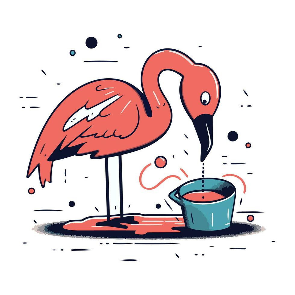 Flamingo mit ein Eimer von Wasser. Vektor Illustration im Gekritzel Stil.