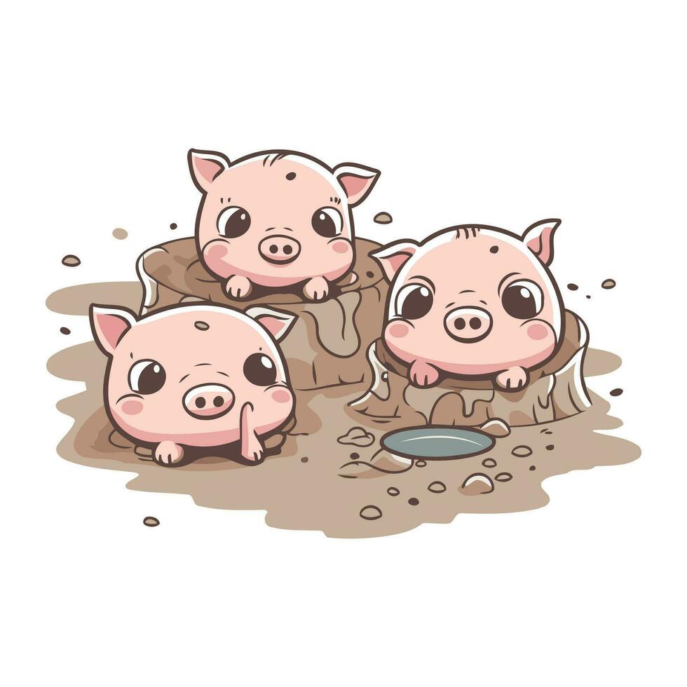 Vektor Illustration von ein Gruppe von süß Schweine im ein Schlamm Grube.