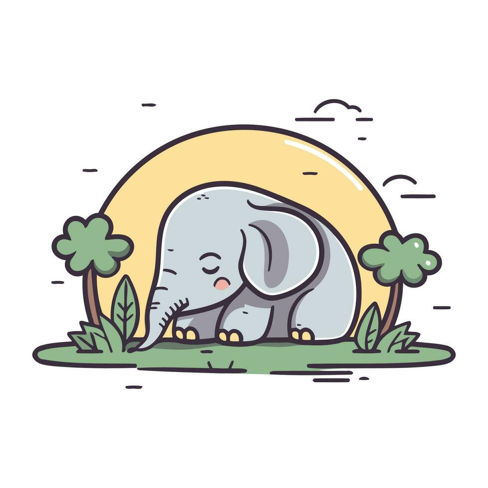 söt elefant sovande på de gräs i de parkera. vektor illustration.