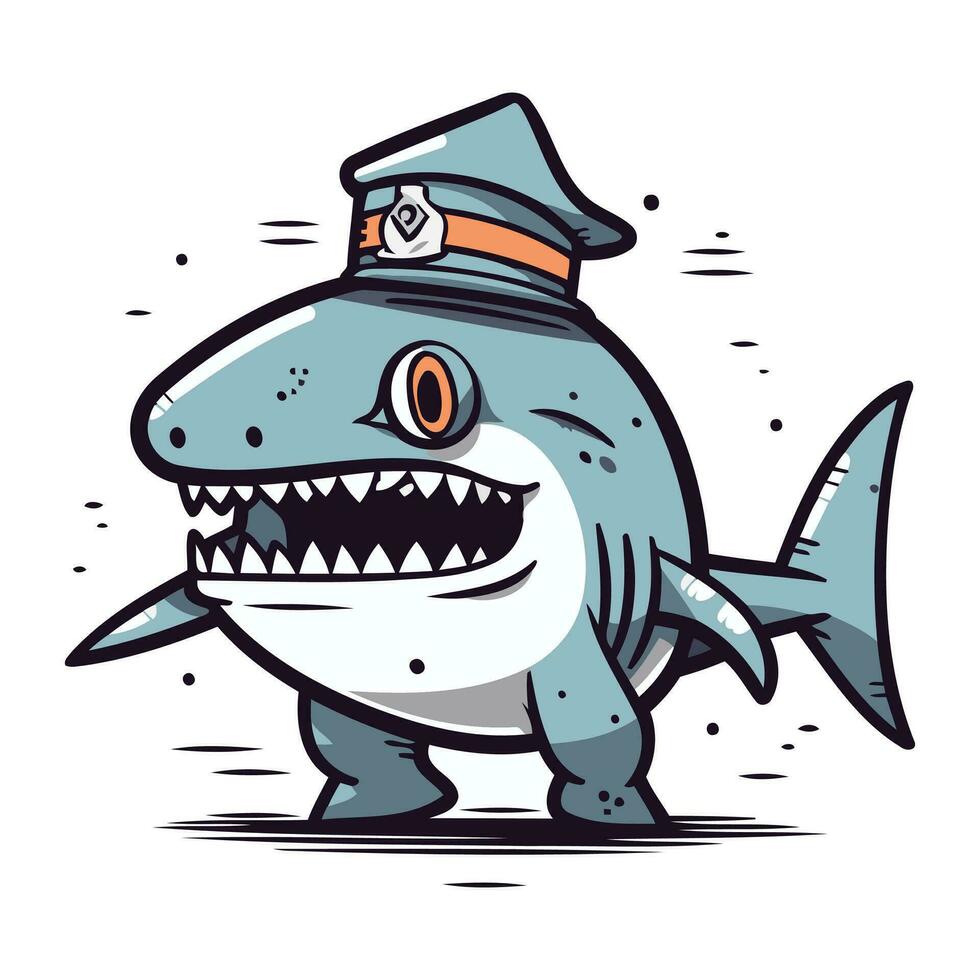 tecknad serie haj i polis keps. vektor illustration av en tecknad serie haj.