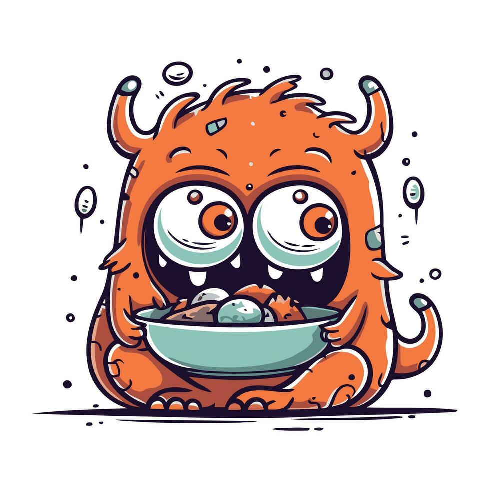 komisch Karikatur Monster- mit ein Schüssel von Lebensmittel. Vektor Illustration.