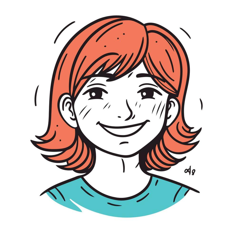 leende flicka med röd hår. vektor illustration i skiss stil.