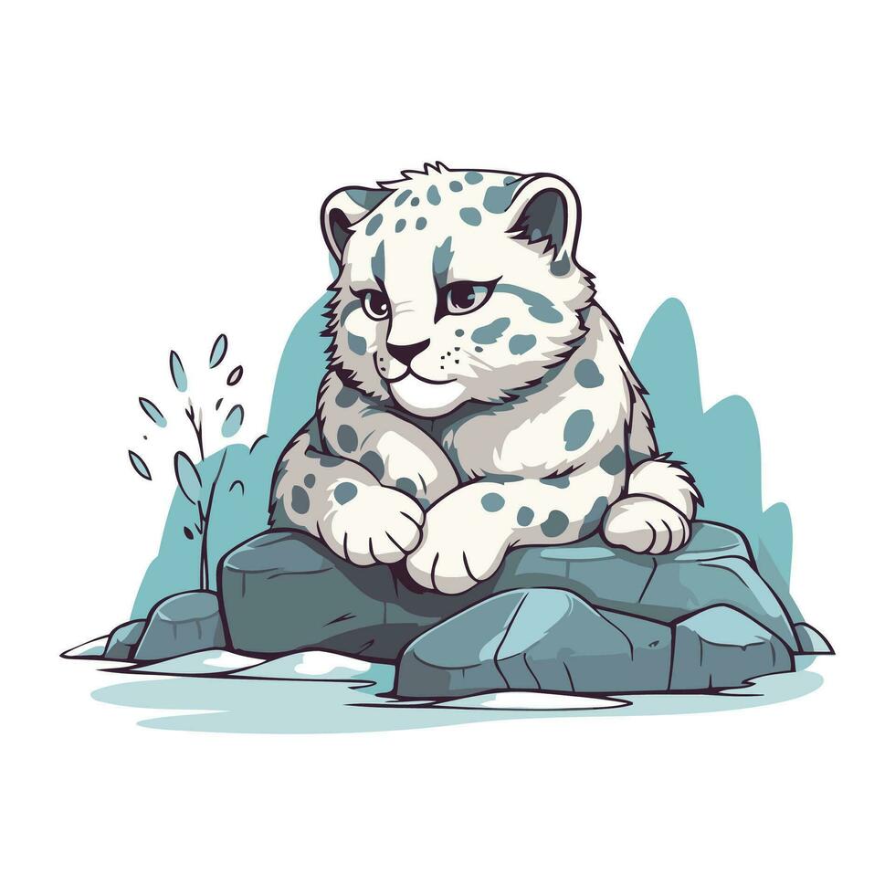 söt tecknad serie snö leopard Sammanträde på sten. vektor illustration.