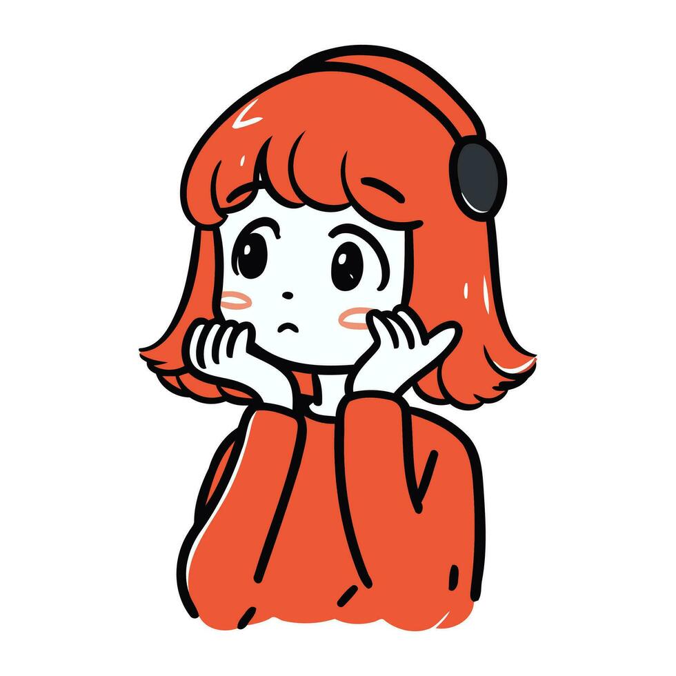 illustration av en flicka med röd hår. lyssnande till musik. vektor