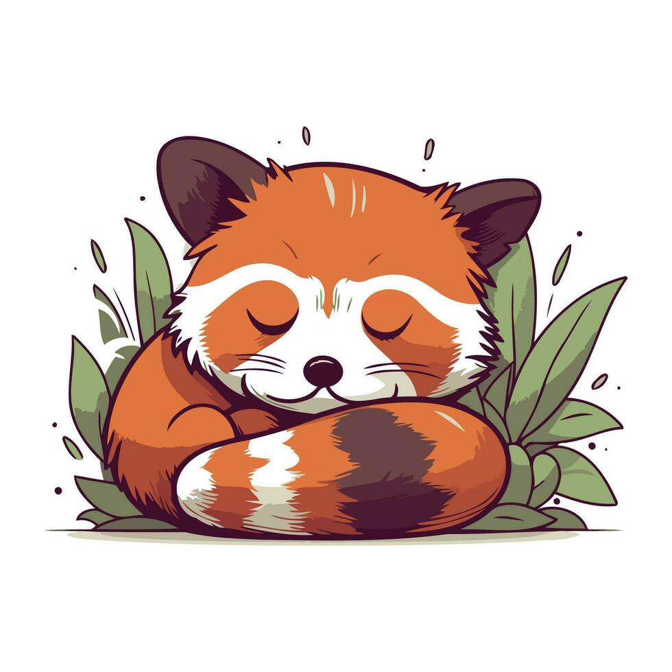 söt röd panda sovande i de gräs. vektor illustration.