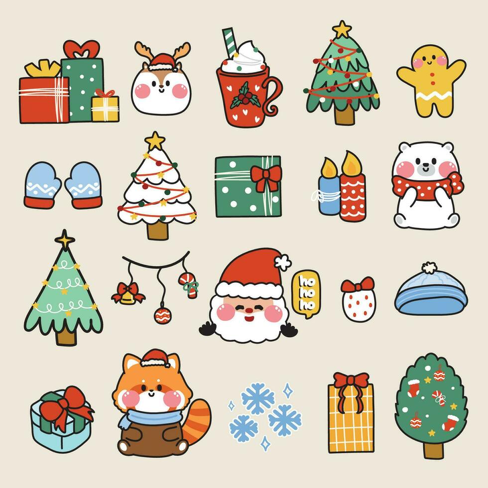 uppsättning av söt ikon i glad jul och Lycklig ny år festival koncept.vinter säsong samling.djur tecknad.present låda, rådjur, björn, röd panda.träd, ingefära bröd, tomte claus ritad.vektor.illustration. vektor