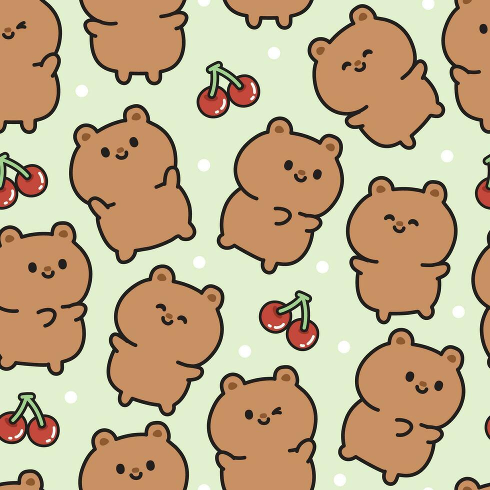 sömlös mönster av söt teddy Björn med körsbär på pastell bakgrund.vild djur- karaktär tecknad serie design.baby kläder.frukt.kawaii.vektorillustration. vektor
