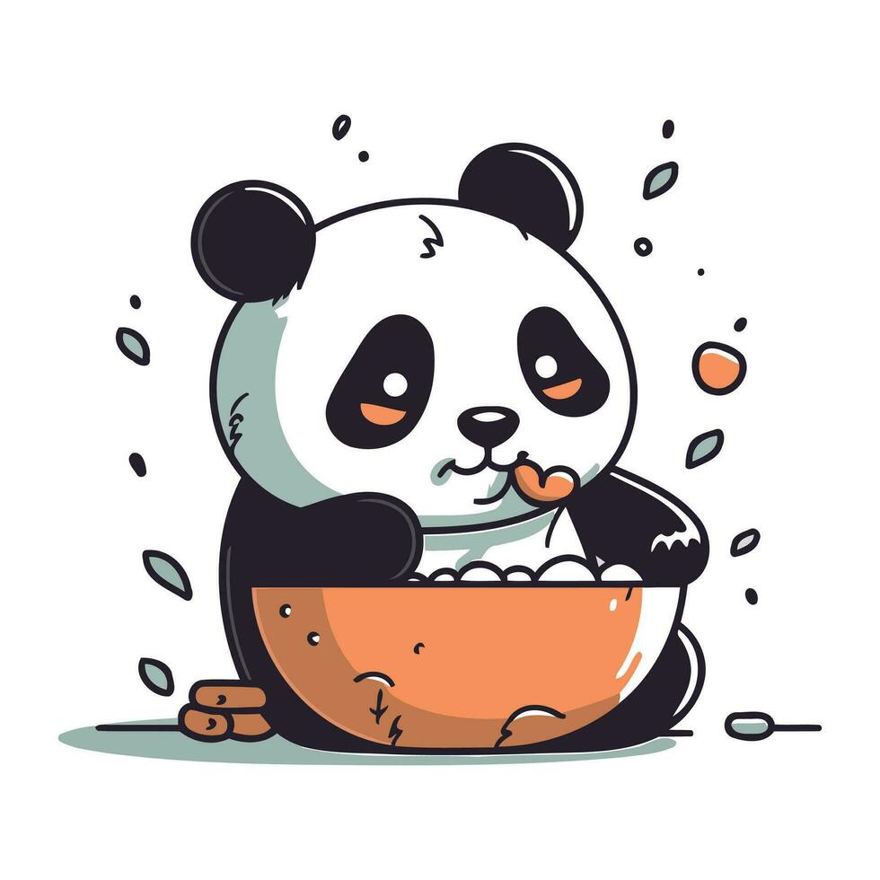 süß Panda Essen Essen von ein Schüssel. Vektor Illustration.