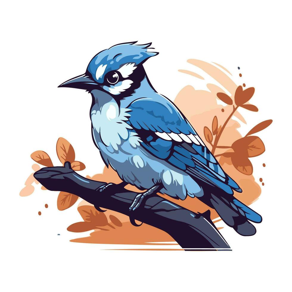 Blau Jay Vogel Sitzung auf ein Ast mit Blätter. Vektor Illustration.