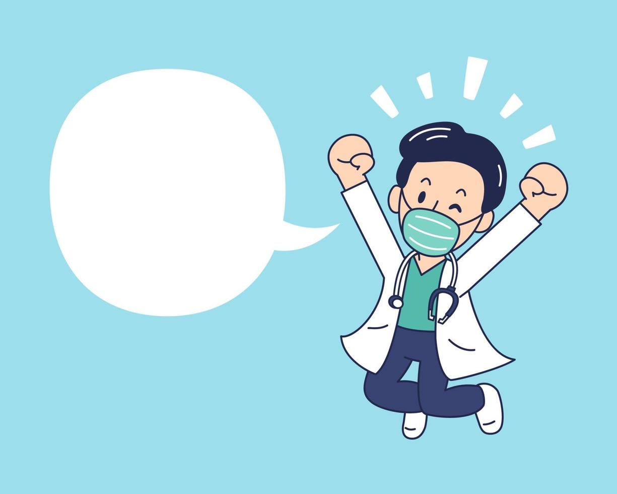 Cartoon glücklicher männlicher Arzt mit Schutzmaske und Sprechblase vektor